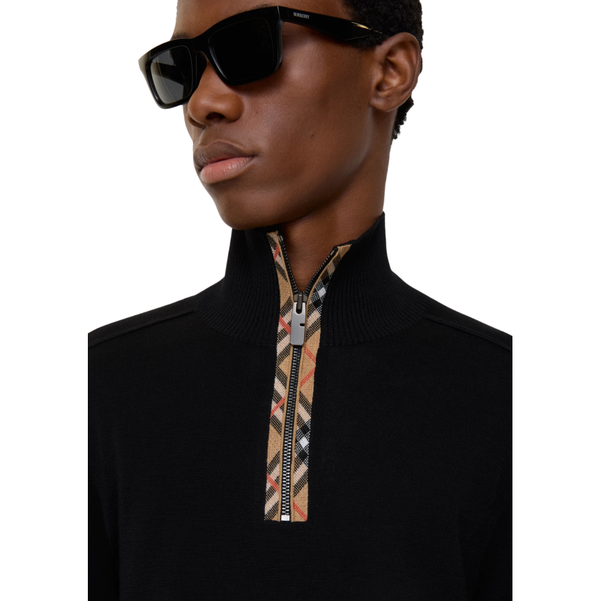 Pull semi zippé BURBERRY Cameron laine noir Check