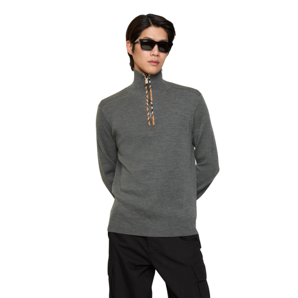 Pull semi zippé BURBERRY Cameron laine gris col Check