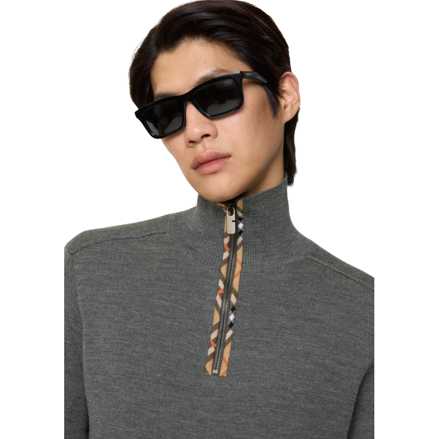 Pull semi zippé BURBERRY Cameron laine gris col Check