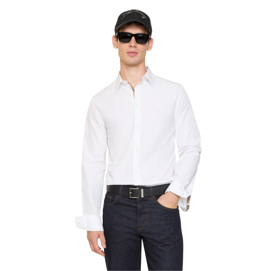 Chemise droite BURBERRY Sam popeline de coton blanc liseret check beige