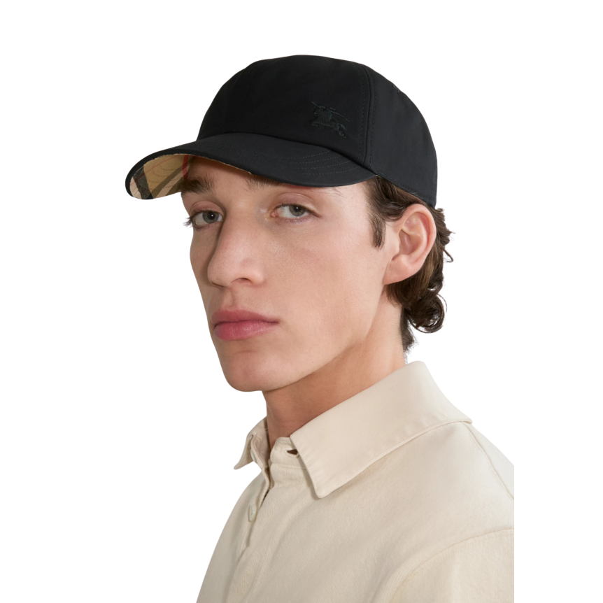 Casquette de baseball BURBERRY gabardine de coton noir visière check beige