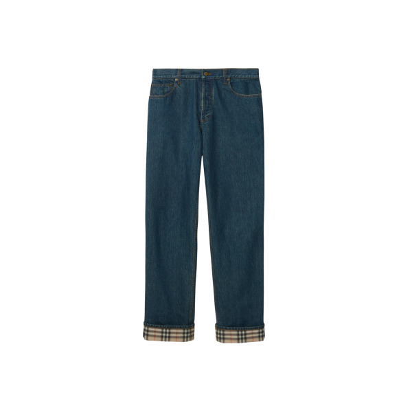 Jean straight BURBERRY Dexter denim coton bleu revers Check beige