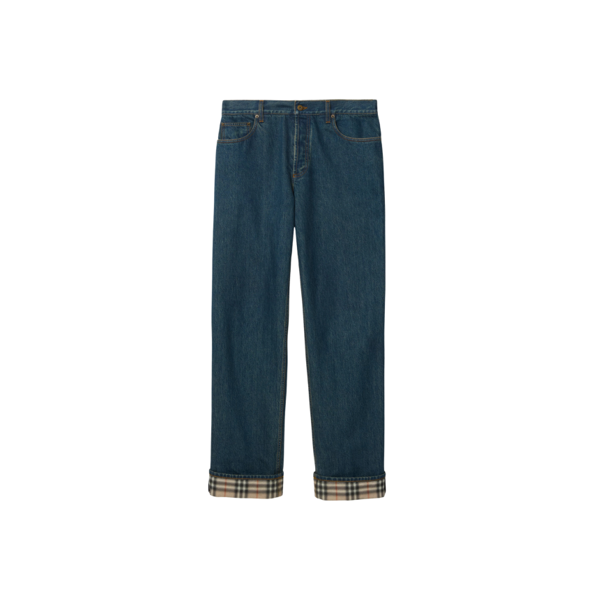 Jean straight BURBERRY Dexter denim coton bleu revers Check beige
