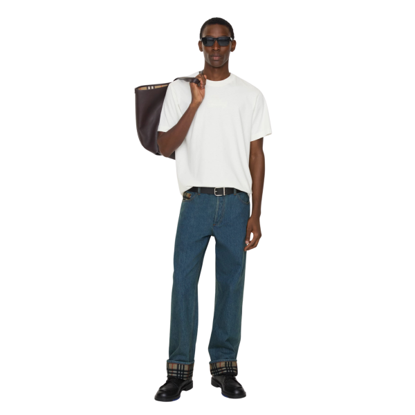 Jean straight BURBERRY Dexter denim coton bleu revers Check beige