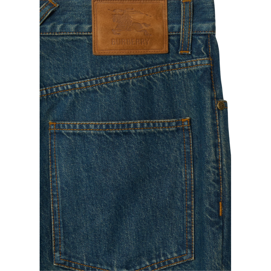 Jean straight BURBERRY Dexter denim coton bleu revers Check beige