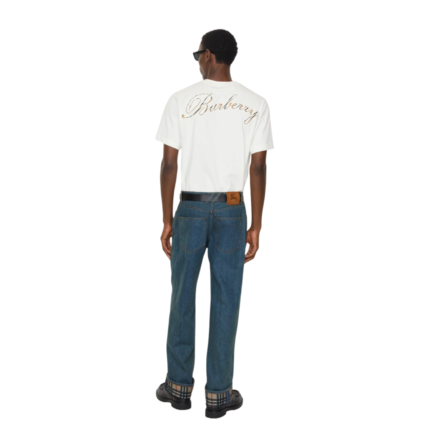 Jean straight BURBERRY Dexter denim coton bleu revers Check beige