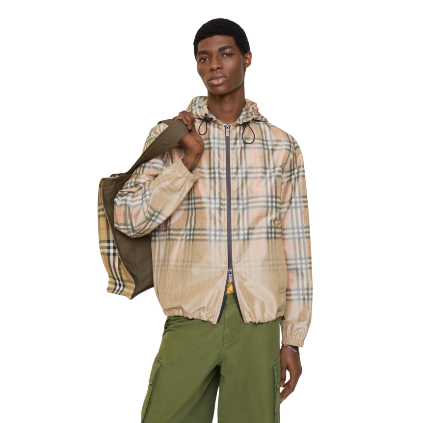 Blouson Veste à capuche BURBERRY Newport nylon beige Gradient Check degradé