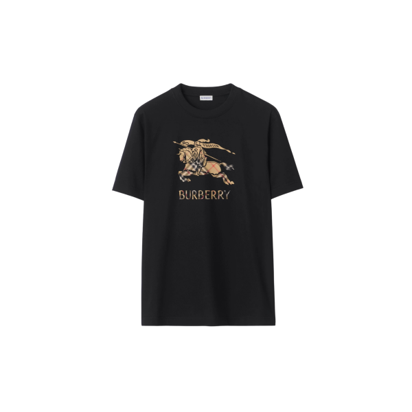 T-shirt col rond BURBERRY coton noir logo EDK cavalier check ombré