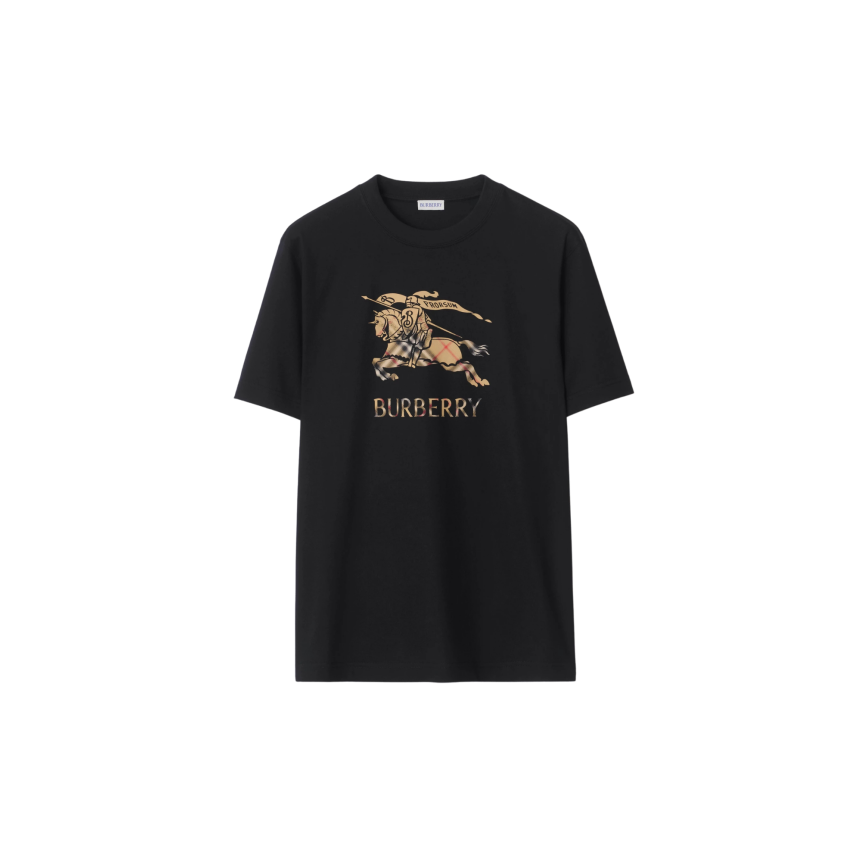 T-shirt col rond BURBERRY coton noir logo EDK cavalier check ombré