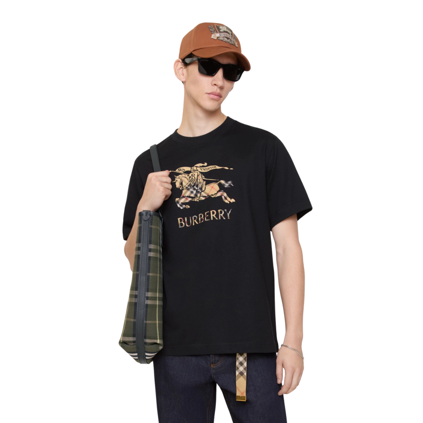 T-shirt col rond BURBERRY coton noir logo EDK cavalier check ombré