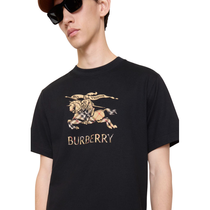 T-shirt col rond BURBERRY coton noir logo EDK cavalier check ombré
