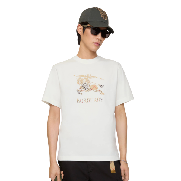 T-shirt col rond BURBERRY coton blanc logo EDK cavalier check ombré