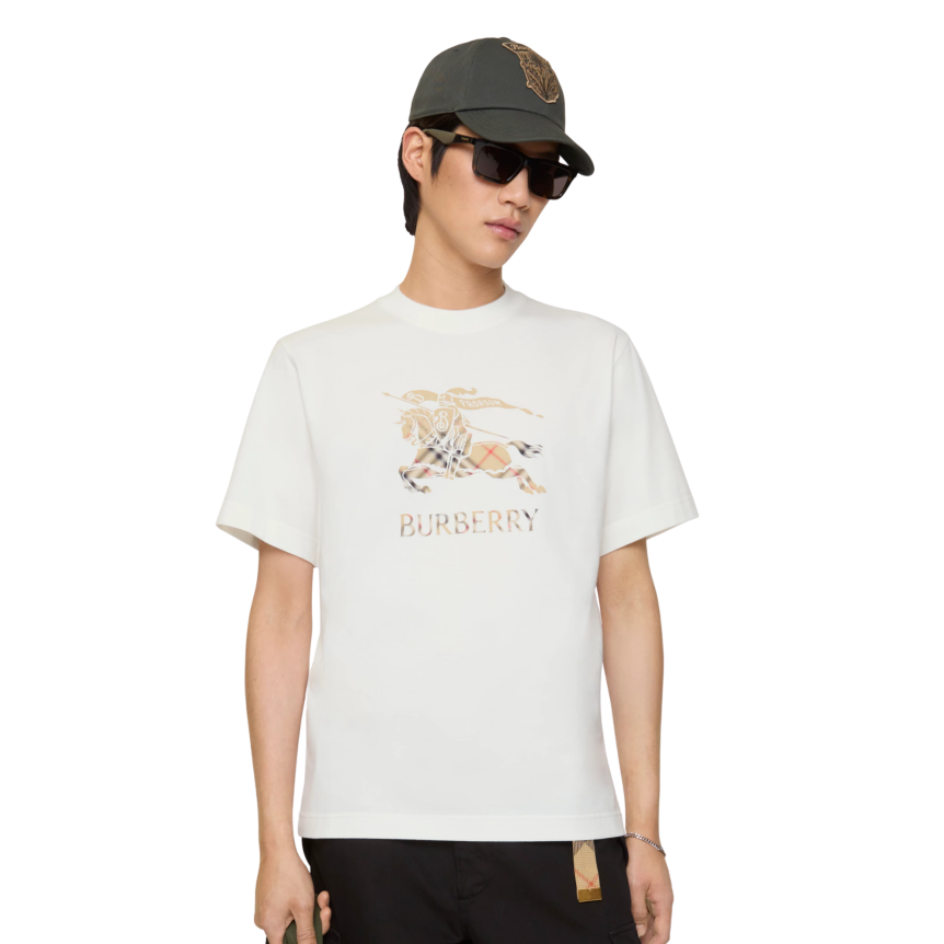 T-shirt col rond BURBERRY coton blanc logo EDK cavalier check ombré