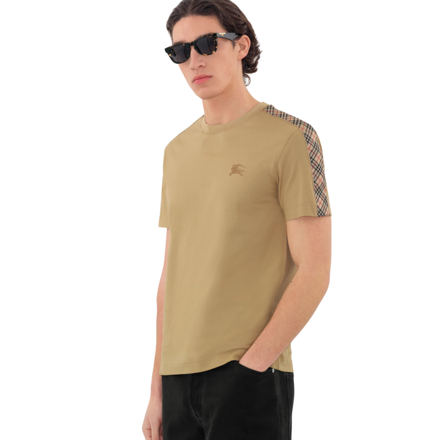 T-shirt col rond BURBERRY coton beige épaule carreaux check beige