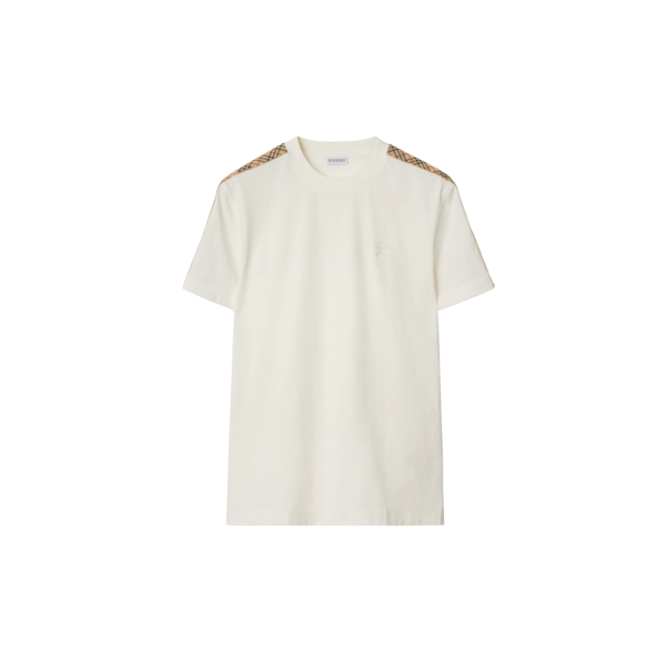 T-shirt col rond BURBERRY coton blanc épaule carreaux check beige