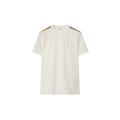 T-shirt col rond coton blanc épaule carreaux check beige