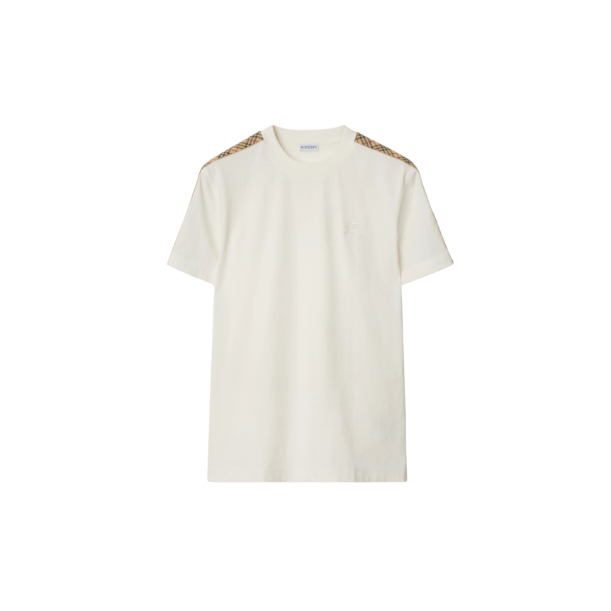 T-shirt col rond BURBERRY coton blanc épaule carreaux check beige
