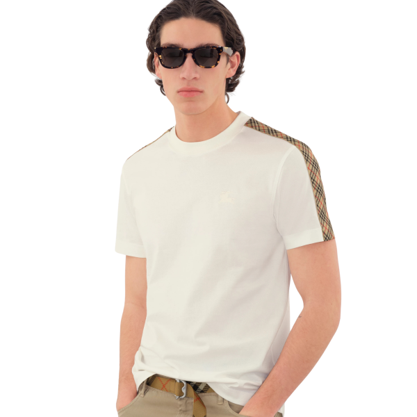 T-shirt col rond BURBERRY coton blanc épaule carreaux check beige