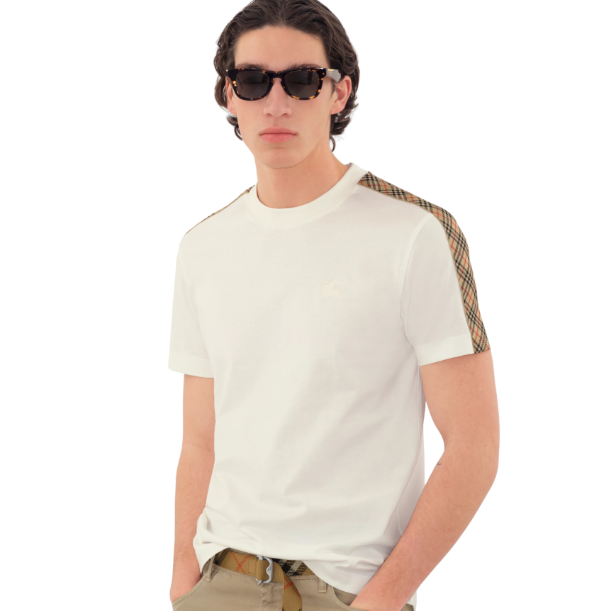 T-shirt col rond BURBERRY coton blanc épaule carreaux check beige