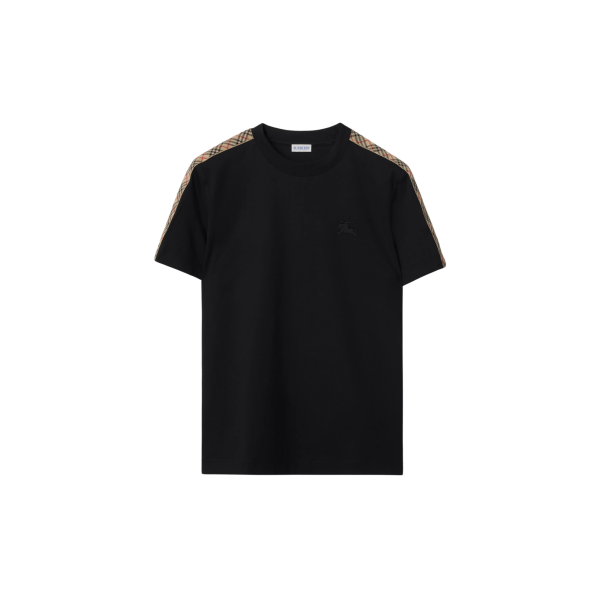 T-shirt col rond BURBERRY coton noir épaule carreaux check beige