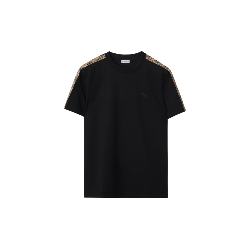 T-shirt col rond BURBERRY coton noir épaule carreaux check beige