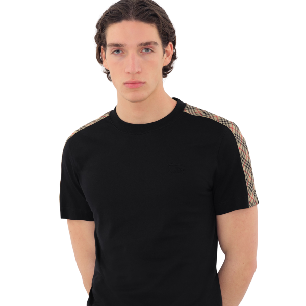 T-shirt col rond BURBERRY coton noir épaule carreaux check beige