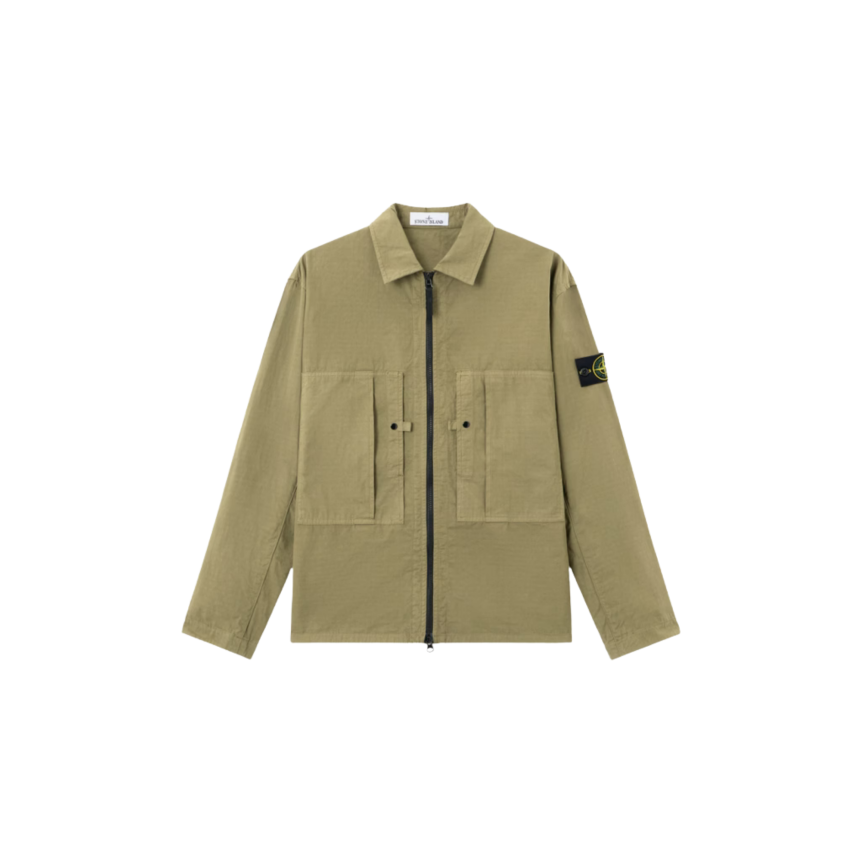 Surchemise veste zippée STONE ISLAND ripstop coton bio kaki poches poitrine