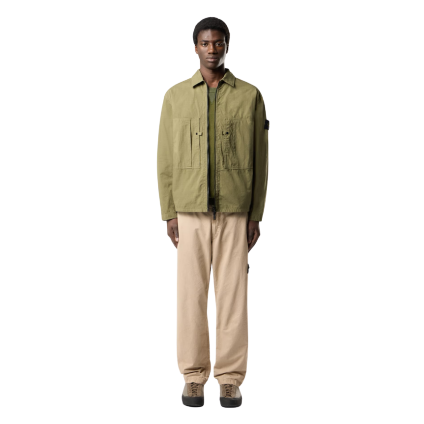 Surchemise veste zippée STONE ISLAND ripstop coton bio kaki poches poitrine