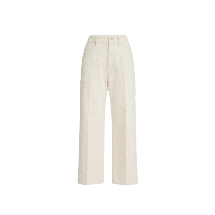 Pantalon BRUNELLO CUCINELLI Contemporary Square coton denim Fuzzy teint écru Monile bas frange