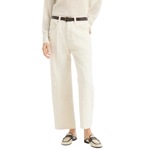 Pantalon BRUNELLO CUCINELLI Contemporary Square coton denim Fuzzy teint écru Monile bas frange