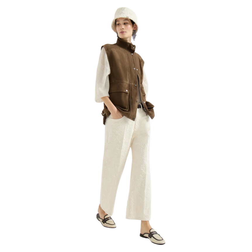 Pantalon BRUNELLO CUCINELLI Contemporary Square coton denim Fuzzy teint écru Monile bas frange