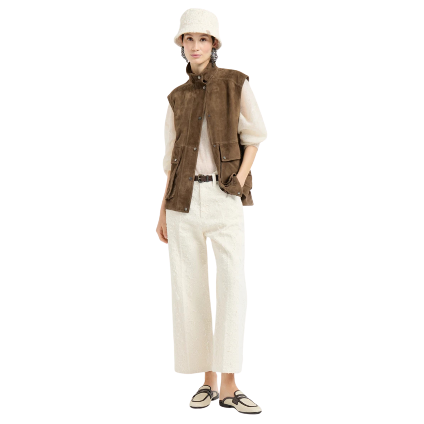 Pantalon BRUNELLO CUCINELLI Contemporary Square coton denim Fuzzy teint écru Monile bas frange