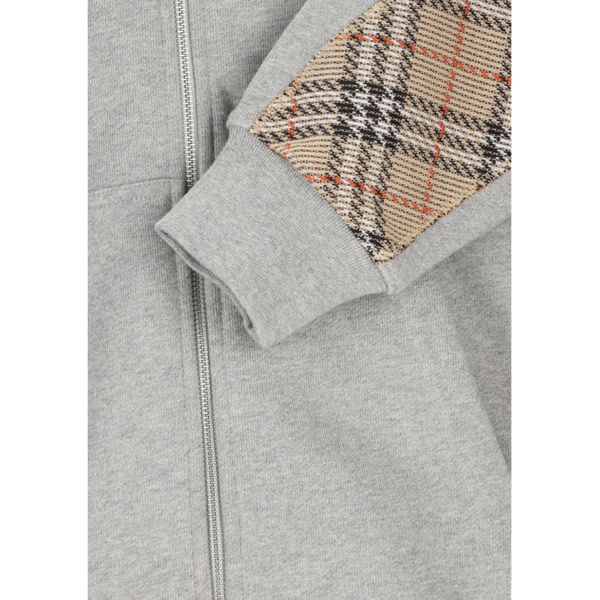 Sweat-shirt cardigan zippé à capuche BURBERRY Rory coton gris manche carreaux check beige
