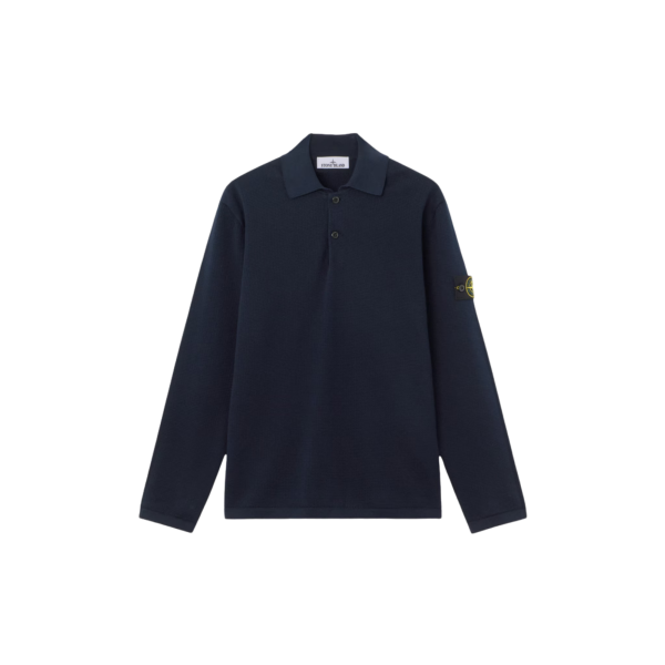 Polo ample STONE ISLAND manche longue côtelée coton bleu marine