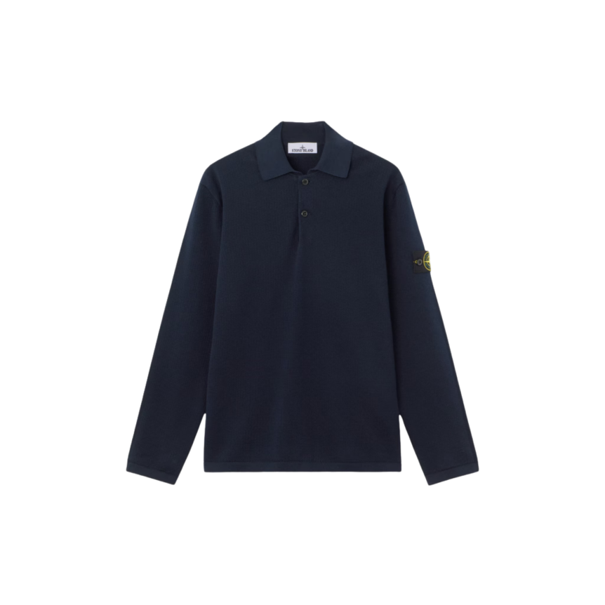 Polo ample STONE ISLAND manche longue côtelée coton bleu marine