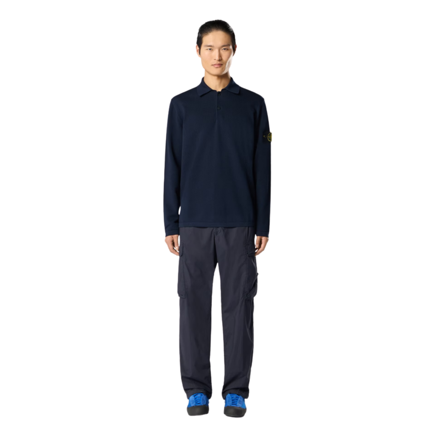 Polo ample STONE ISLAND manche longue côtelée coton bleu marine
