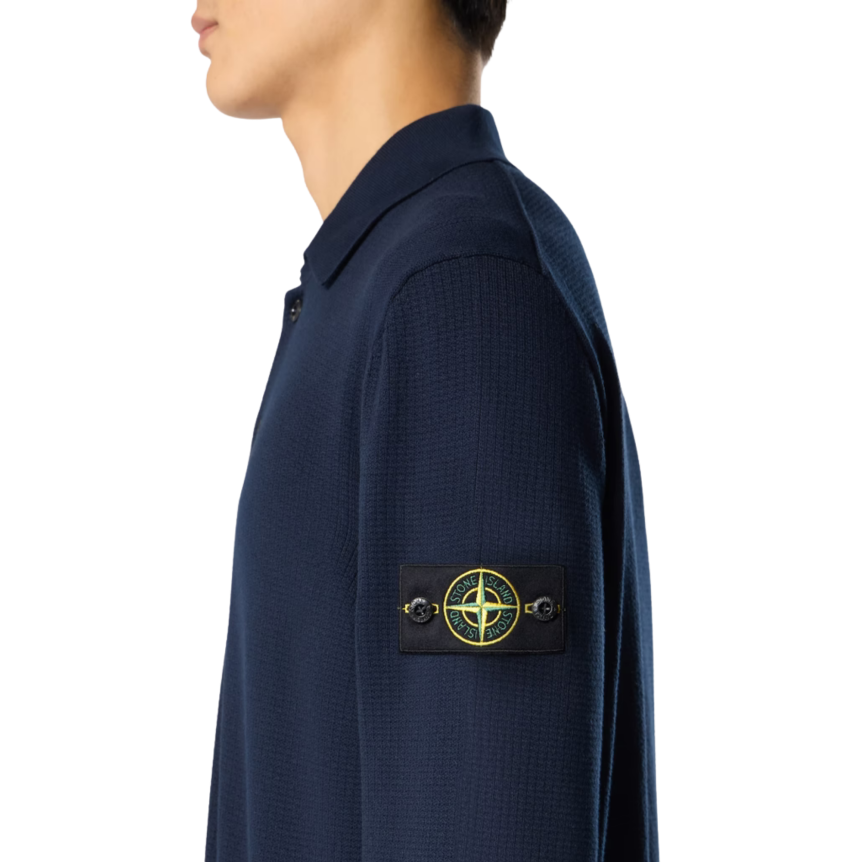 Polo ample STONE ISLAND manche longue côtelée coton bleu marine