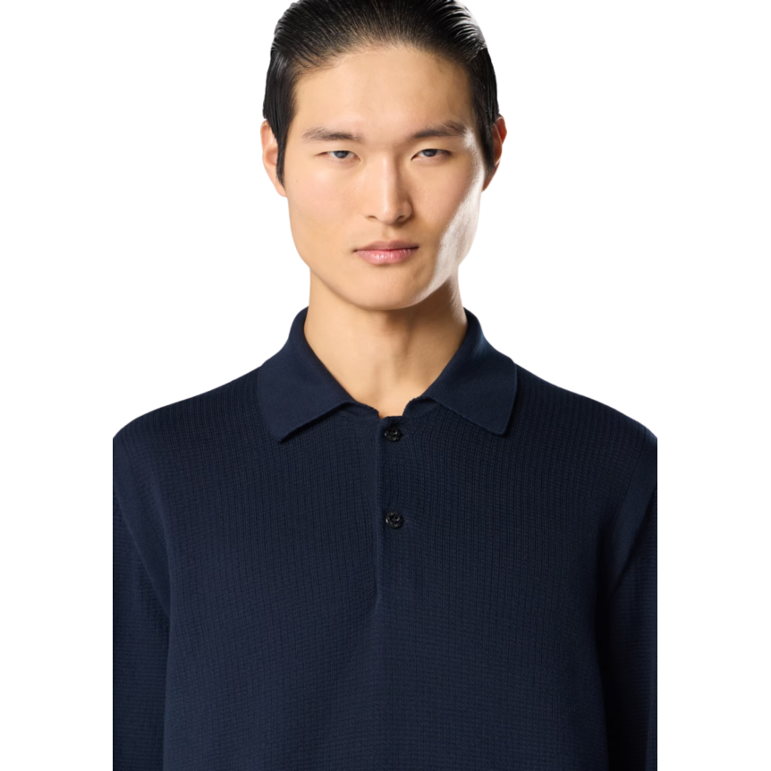 Polo ample STONE ISLAND manche longue côtelée coton bleu marine