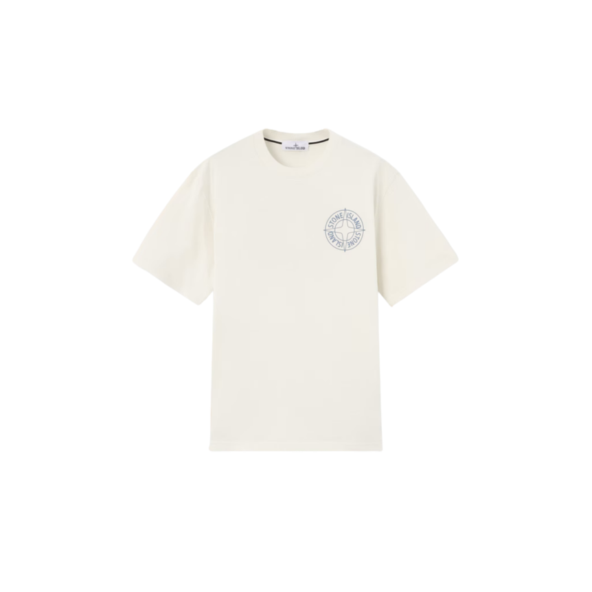 T-shirt manche courte STONE ISLAND jersey coton bio écru boussole relief bleu
