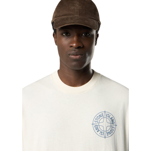 T-shirt manche courte STONE ISLAND jersey coton bio écru boussole relief bleu
