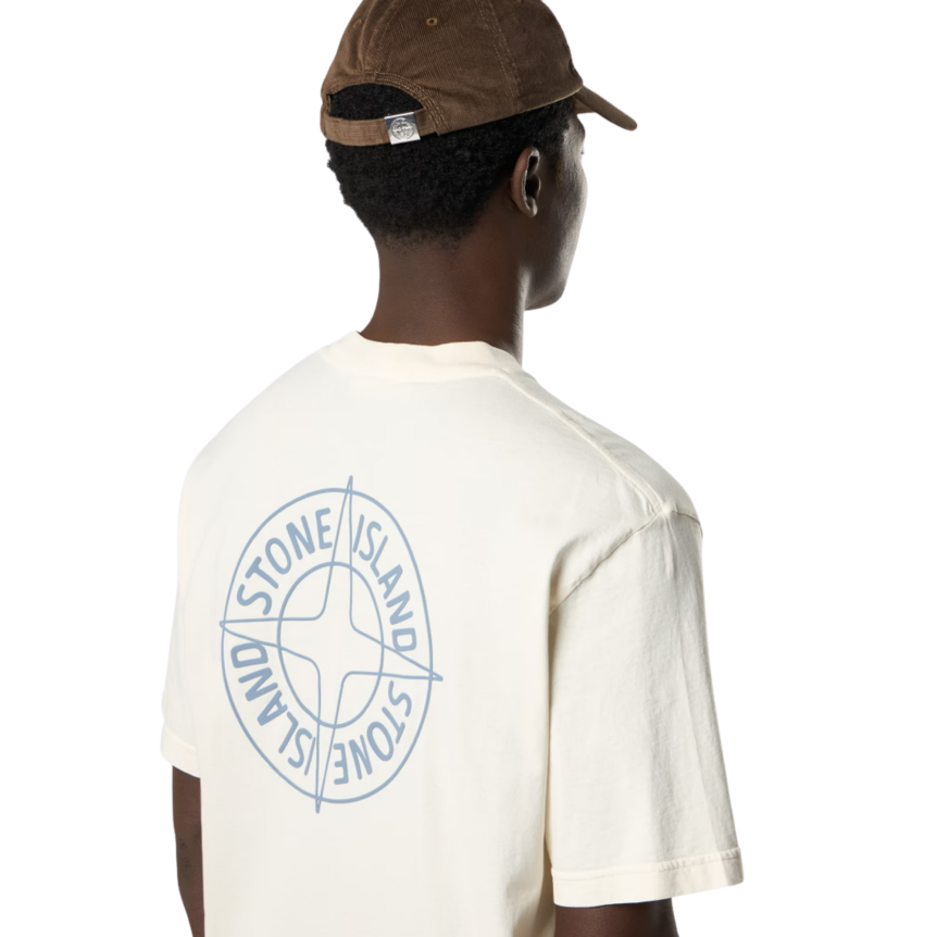 T-shirt manche courte STONE ISLAND jersey coton bio écru boussole relief bleu