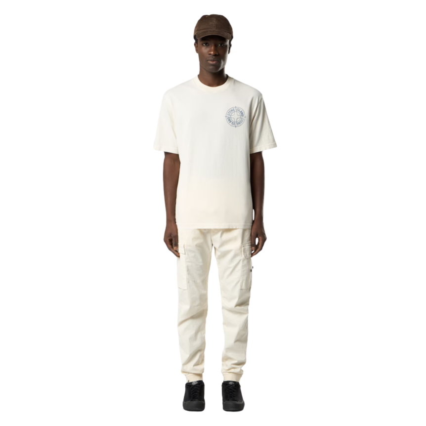 T-shirt manche courte STONE ISLAND jersey coton bio écru boussole relief bleu