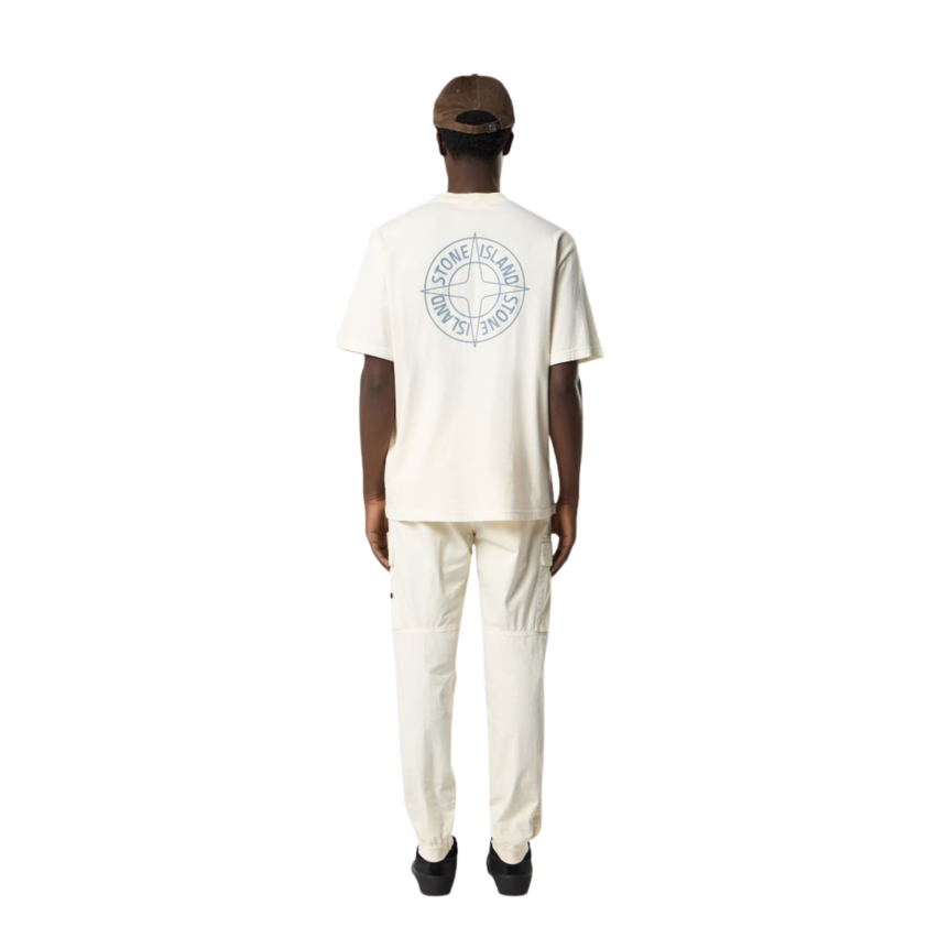 T-shirt manche courte STONE ISLAND jersey coton bio écru boussole relief bleu