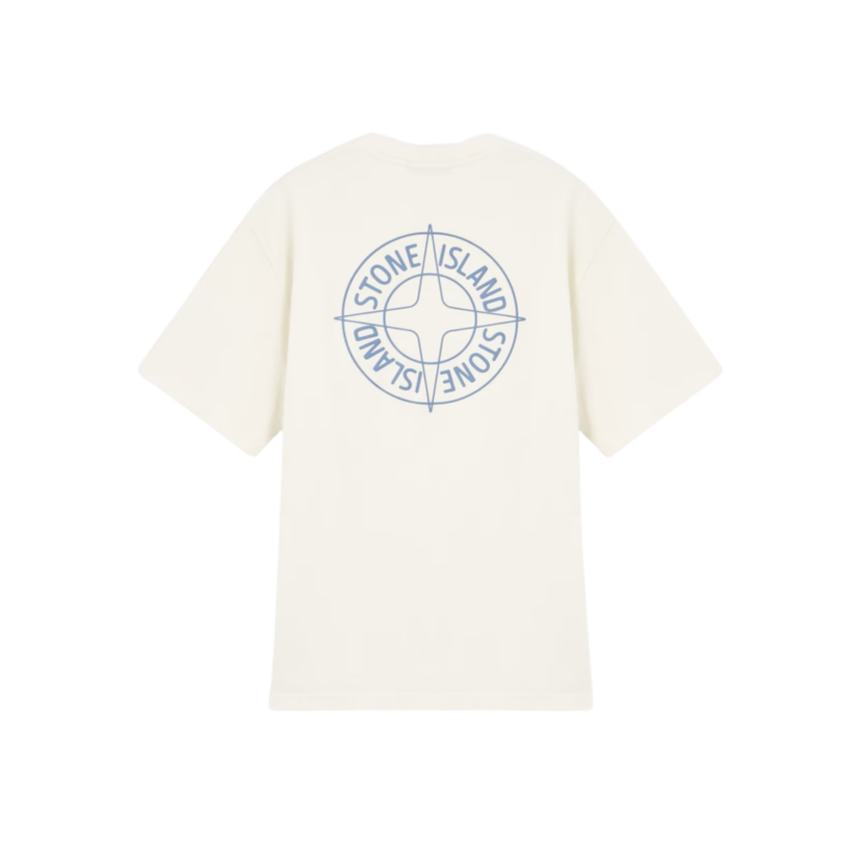 T-shirt manche courte STONE ISLAND jersey coton bio écru boussole relief bleu