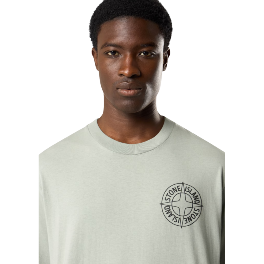 T-shirt manche courte STONE ISLAND jersey coton bio vert sauge boussole relief noir