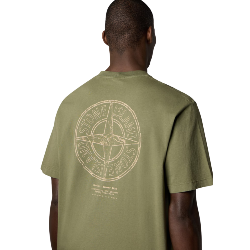 T-shirt col rond STONE ISLAND manche courte coton vert kaki Stone boussole dos beige