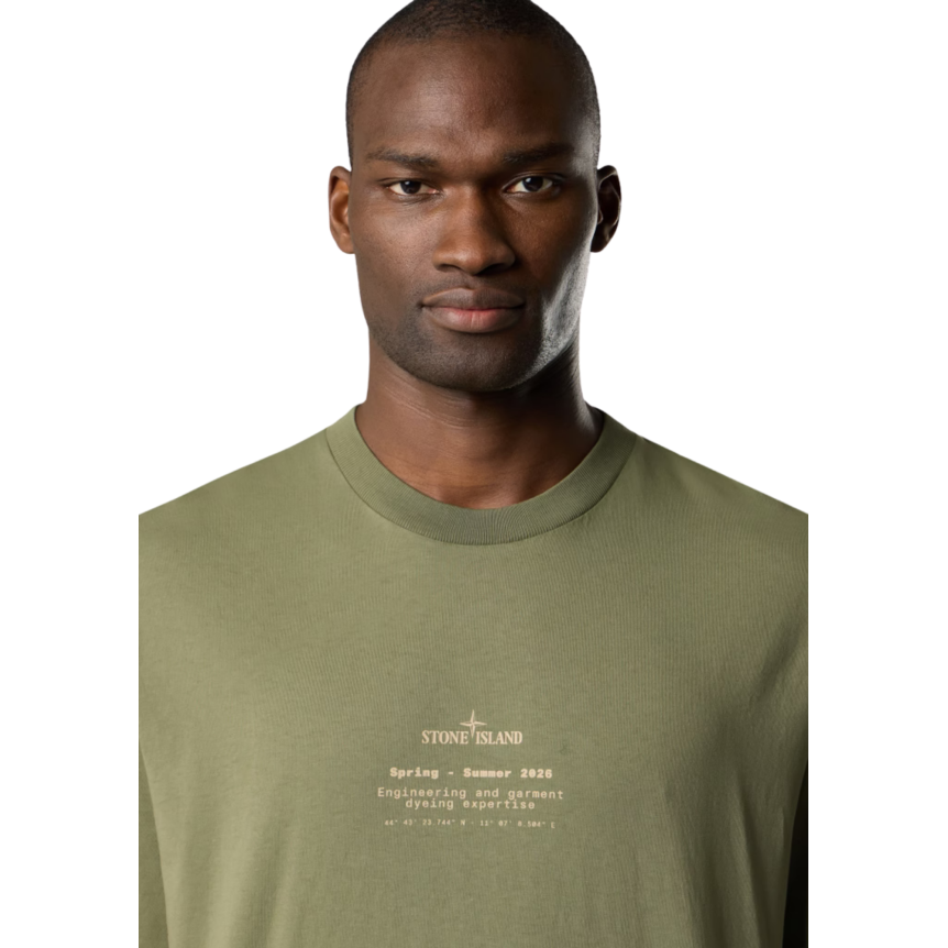 T-shirt col rond STONE ISLAND manche courte coton vert kaki Stone boussole dos beige