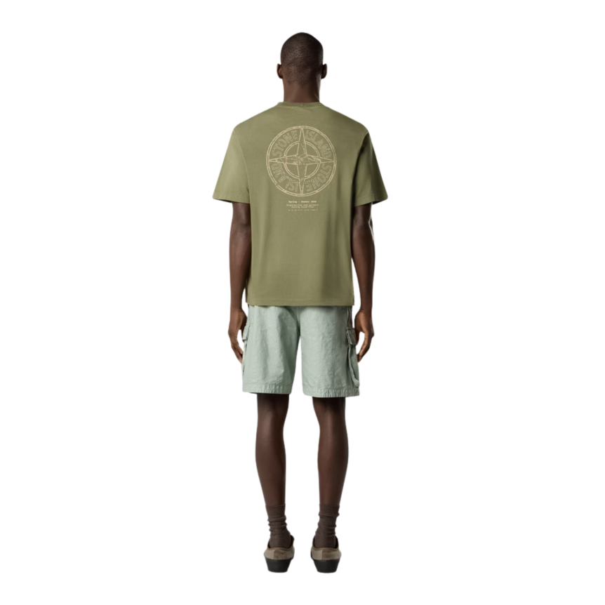 T-shirt col rond STONE ISLAND manche courte coton vert kaki Stone boussole dos beige