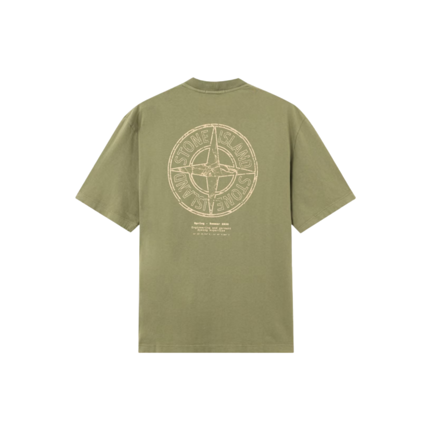 T-shirt col rond STONE ISLAND manche courte coton vert kaki Stone boussole dos beige