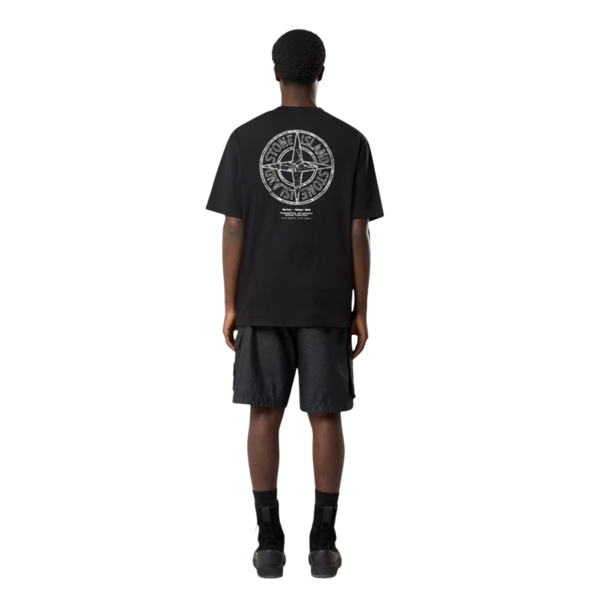 T-shirt col rond STONE ISLAND manche courte coton noir Stone boussole dos blanc